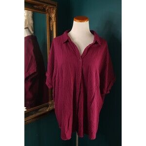 Pact Organic Coastal Boxy Gauze Oversized Shirt Sangria Beachy Lagenlook M/L